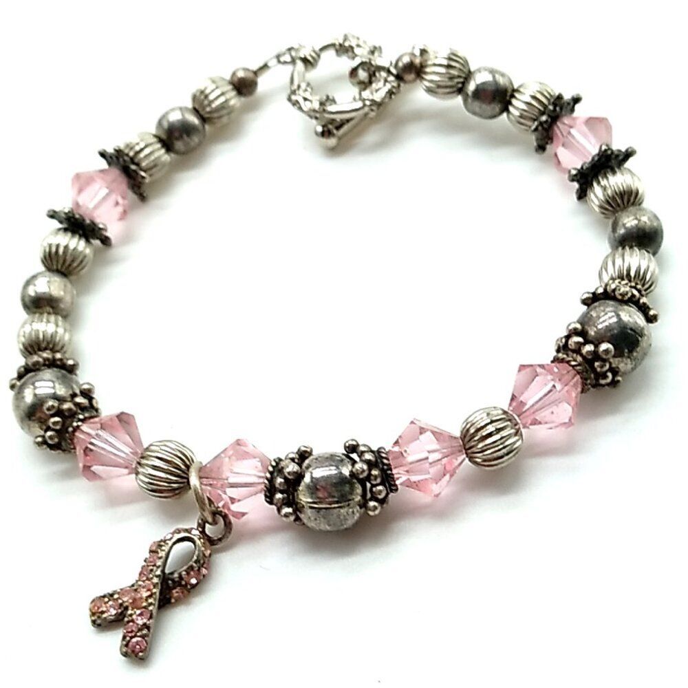 Pink & Silver-tone Breast Cancer Awareness Beaded Bracelet w Sterling Pink Charm